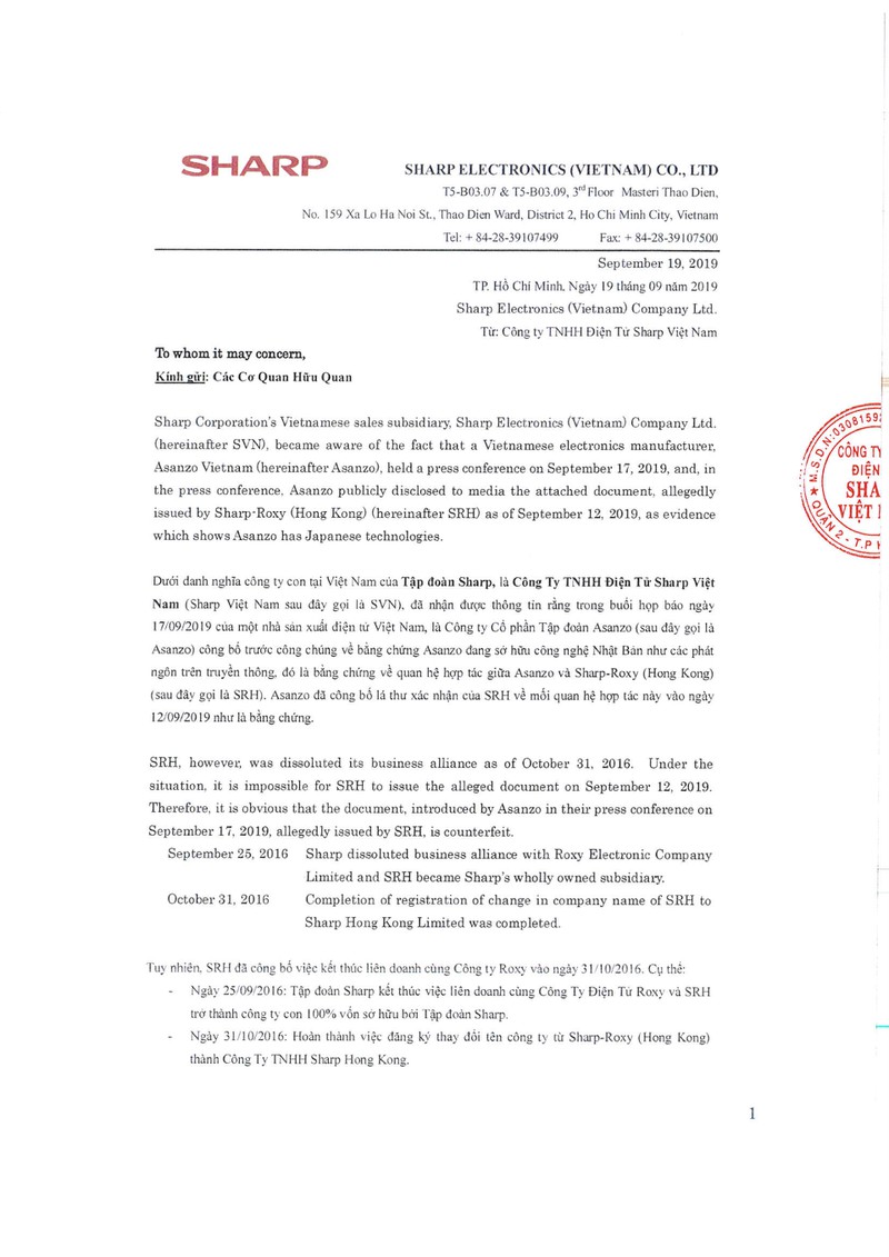 Sharp Việt Nam tung bằng chứng tố Asanzo gian dối, chuẩn bị khởi kiện