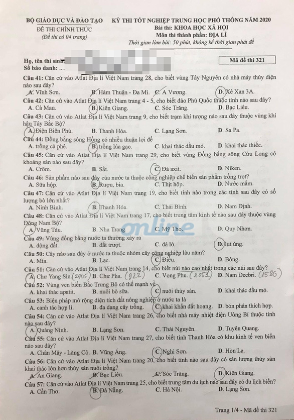Đề thi môn Địa Lý mã đề 321 thi THPT Quốc gia 2020 chính xác nhất Đề thi môn Địa Lý mã đề 321 thi THPT Quốc gia 2020 chính xác nhất