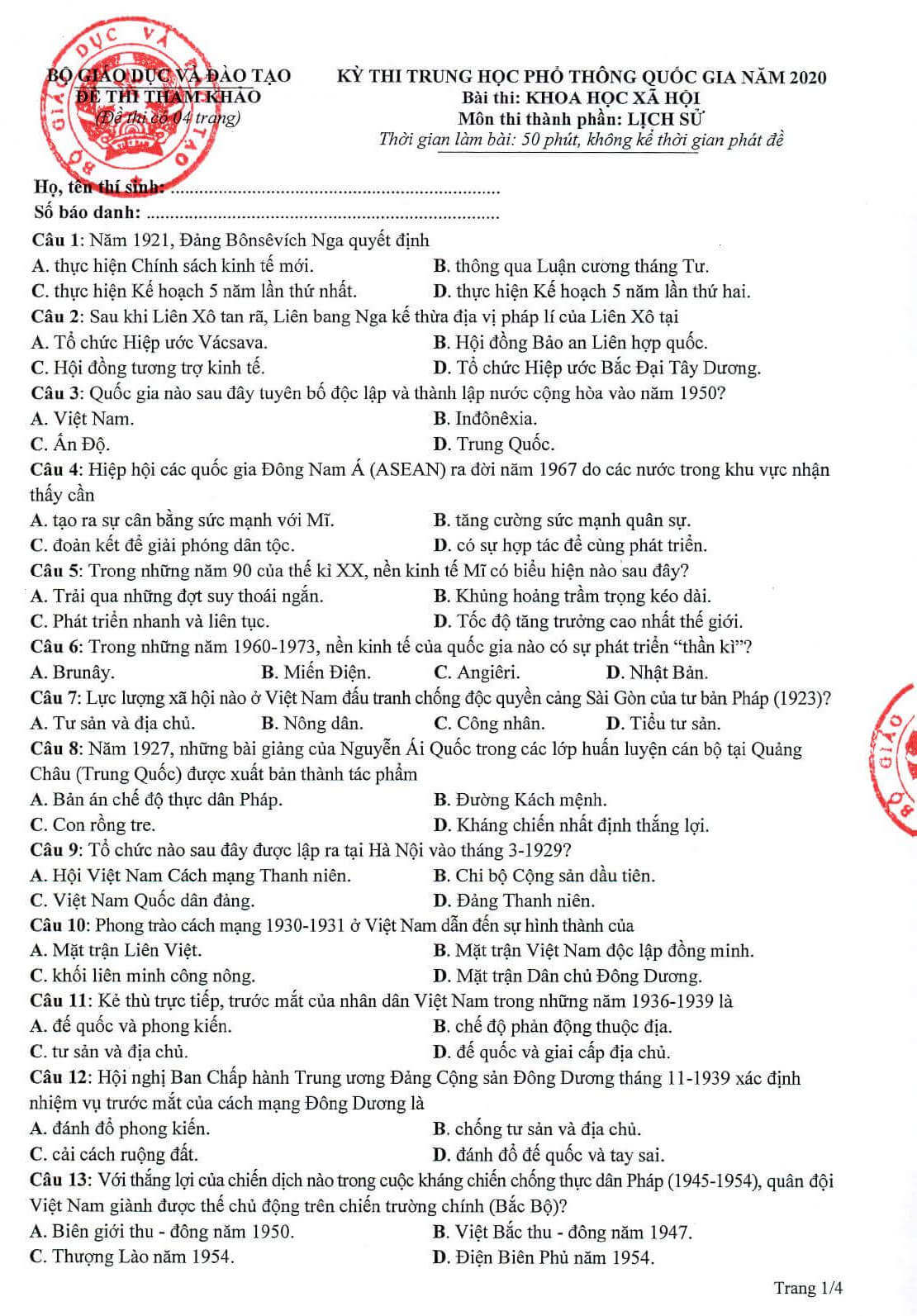 Đề thi môn Lịch sử mã đề 301 thi THPT Quốc gia 2020 chính xác nhất