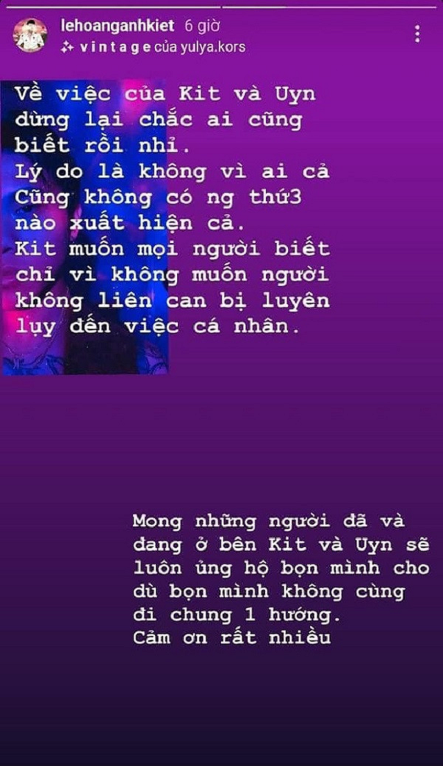 Anh Kiệt đăng story trên mạng xã hội giải thích không có người thứ 3 nào.