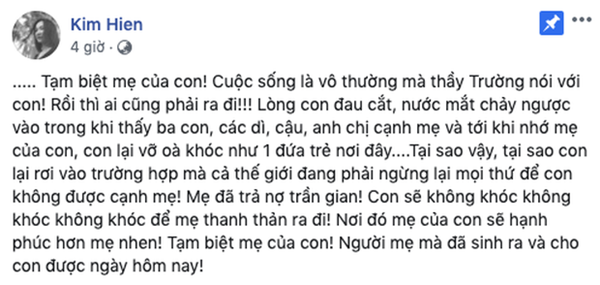 Mẹ ruột nữ diễn viên Kim Hiền qua đời