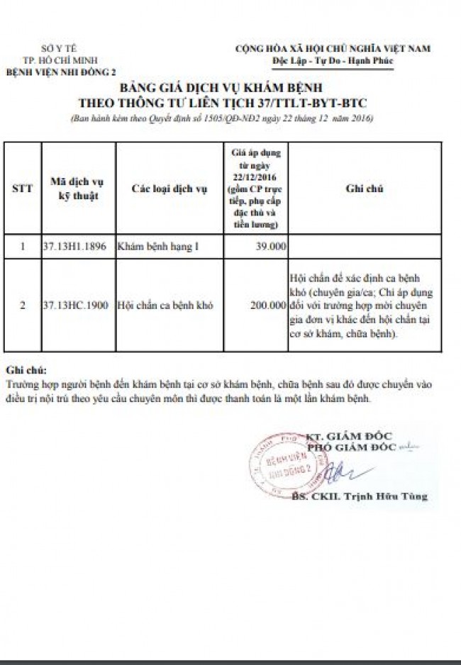 Bảng giá khám bệnh tại Bệnh viện Nhi Đồng 2