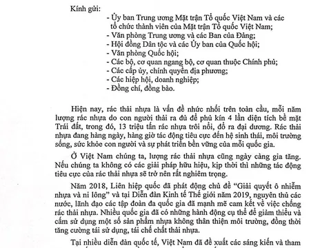 Thủ tướng Chính phủ viết Thư ngỏ kêu gọi toàn dân “Chống rác phải nhựa” 