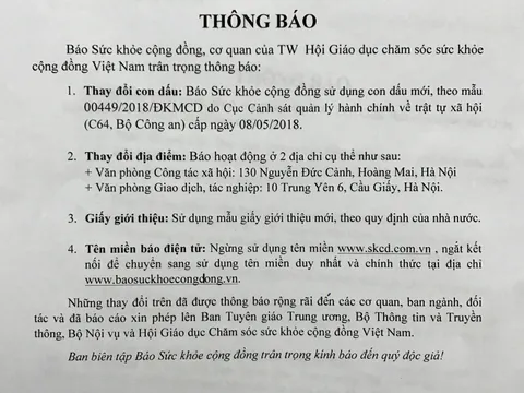 Thông báo của BBT Báo Sức khỏe cộng đồng