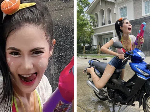 Nhận không ra Hoa hậu Hoàn vũ Thái Lan khi lên đồ đi "quẩy" Songkran bằng xe máy